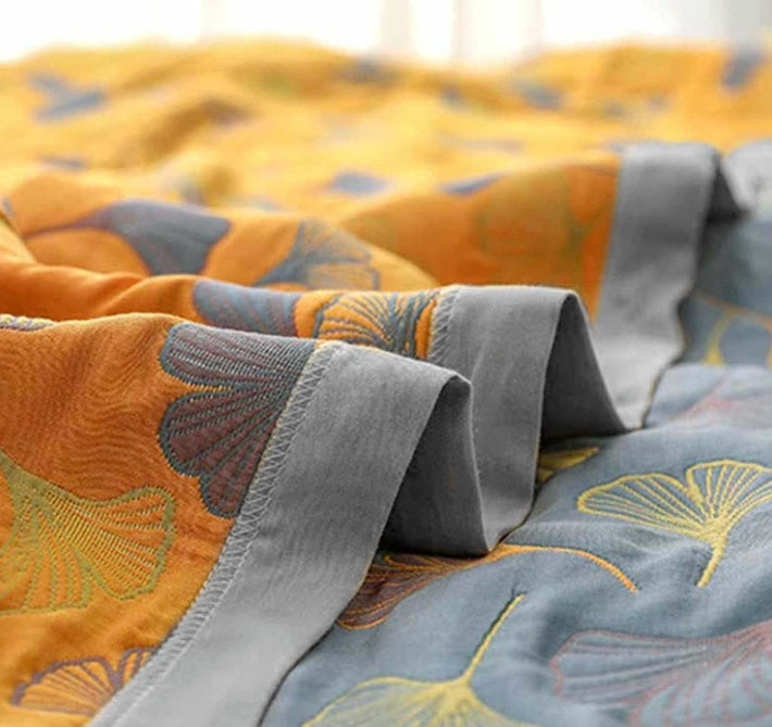 Ginkgo Leaf Cotton Throw Blanket, Reversible Blue and Yellow Design — product view 5