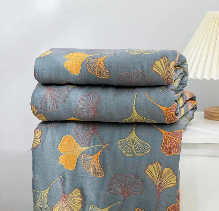 Ginkgo Leaf Cotton Throw Blanket, Reversible Blue and Yellow Design — product view 1