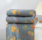 Ginkgo Leaf Cotton Throw Blanket, Reversible Blue and Yellow Design — product view 1