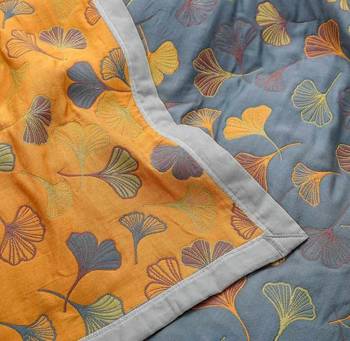 Ginkgo Leaf Cotton Throw Blanket, Reversible Blue and Yellow Design — product view 6