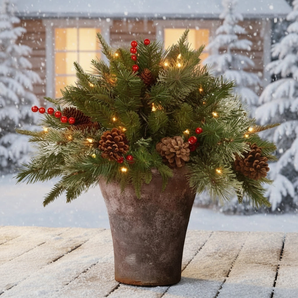 Pre-Lit Evergreen Christmas Urn Filler, Battery-Powered LED Decor - product view 2