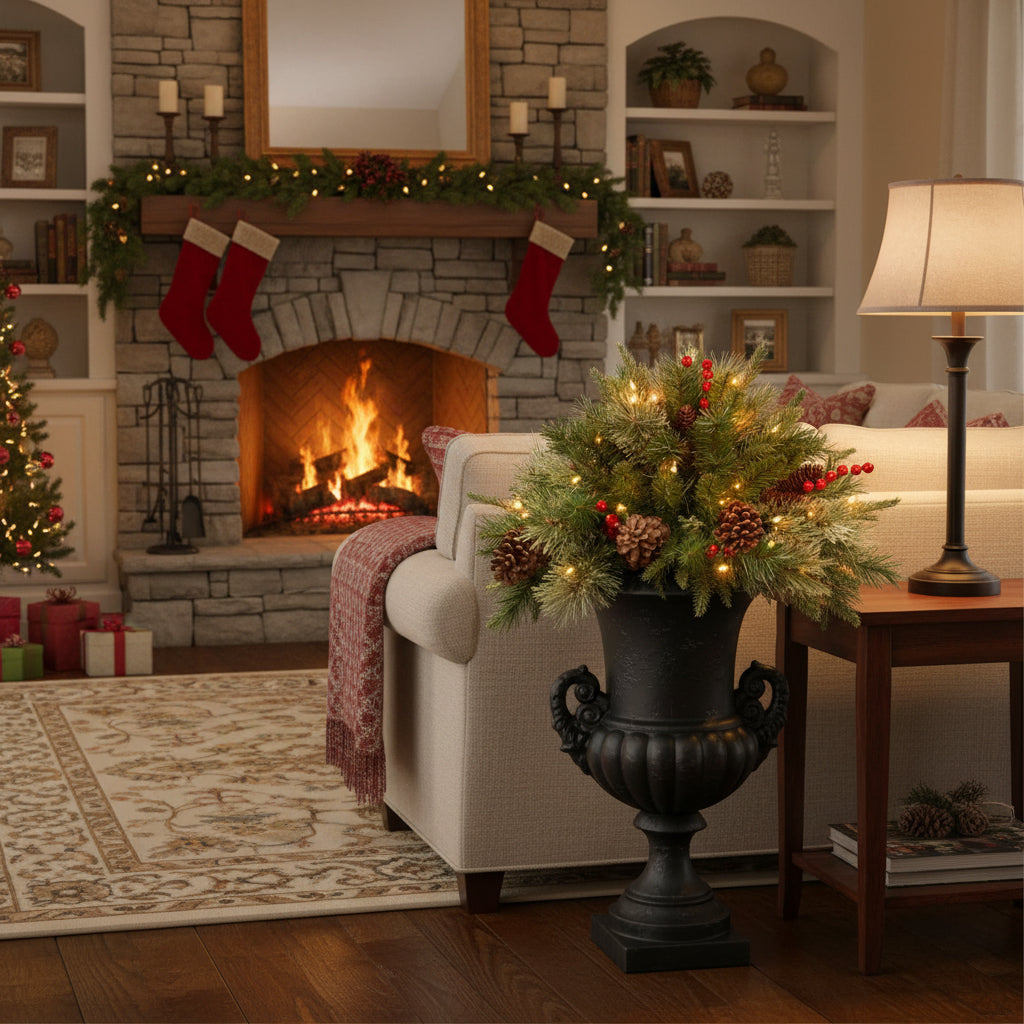 Pre-Lit Evergreen Christmas Urn Filler, Battery-Powered LED Decor - product view 1