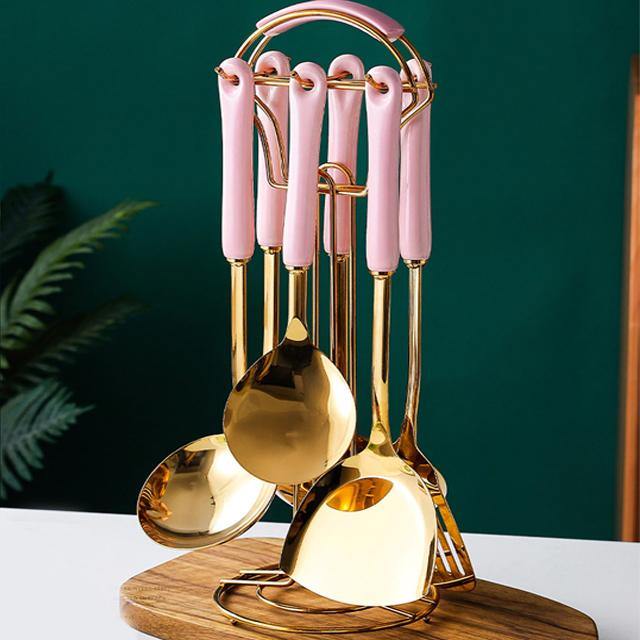 SacredHut | Golden Kitchen Utensils with Stand