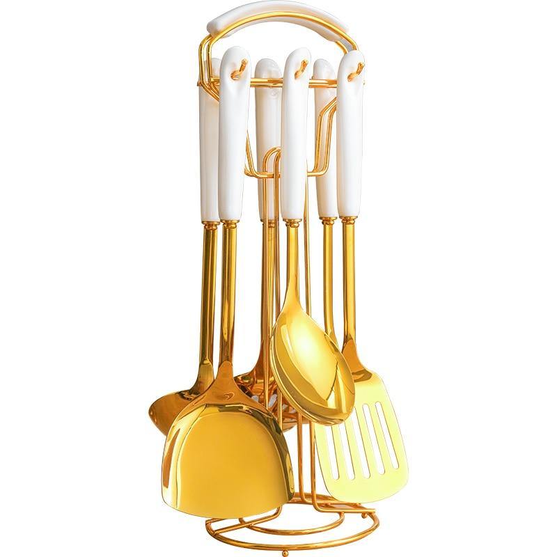 SacredHut | Golden Kitchen Utensils with Stand