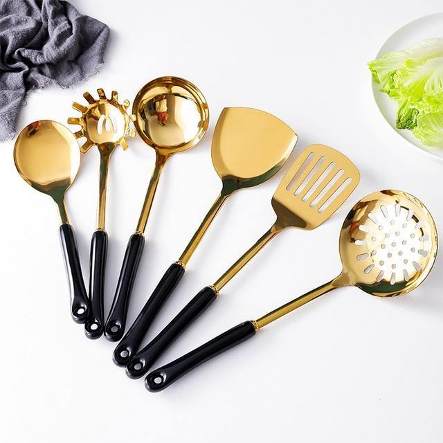 SacredHut | Golden Kitchen Utensils with Stand