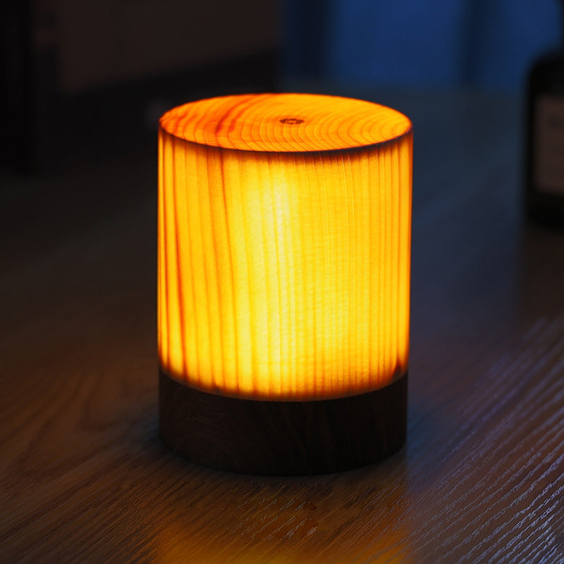 Wood LED Table Lamp, Rechargeable Touch-Control Bedside Light — Cylindrical, 3.3''x4.6''