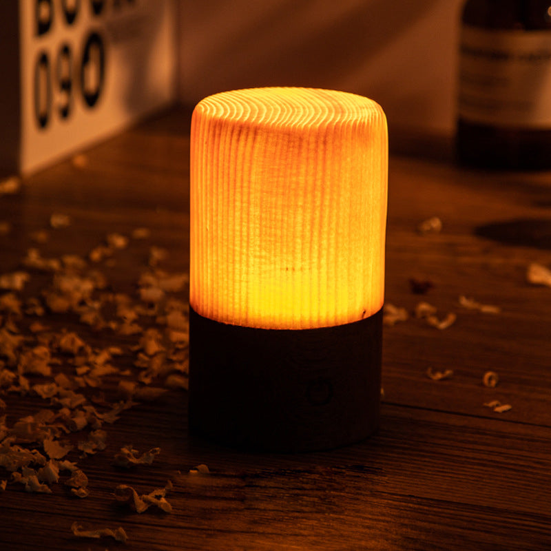 Wood LED Table Lamp, Rechargeable Touch-Control Bedside Light — Cylindrical, 2.3''x3''