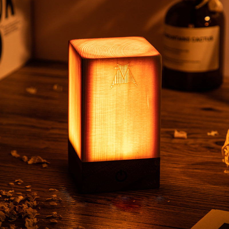 Wood LED Table Lamp, Rechargeable Touch-Control Bedside Light — Square, 2.3''x2.3''x3.9''