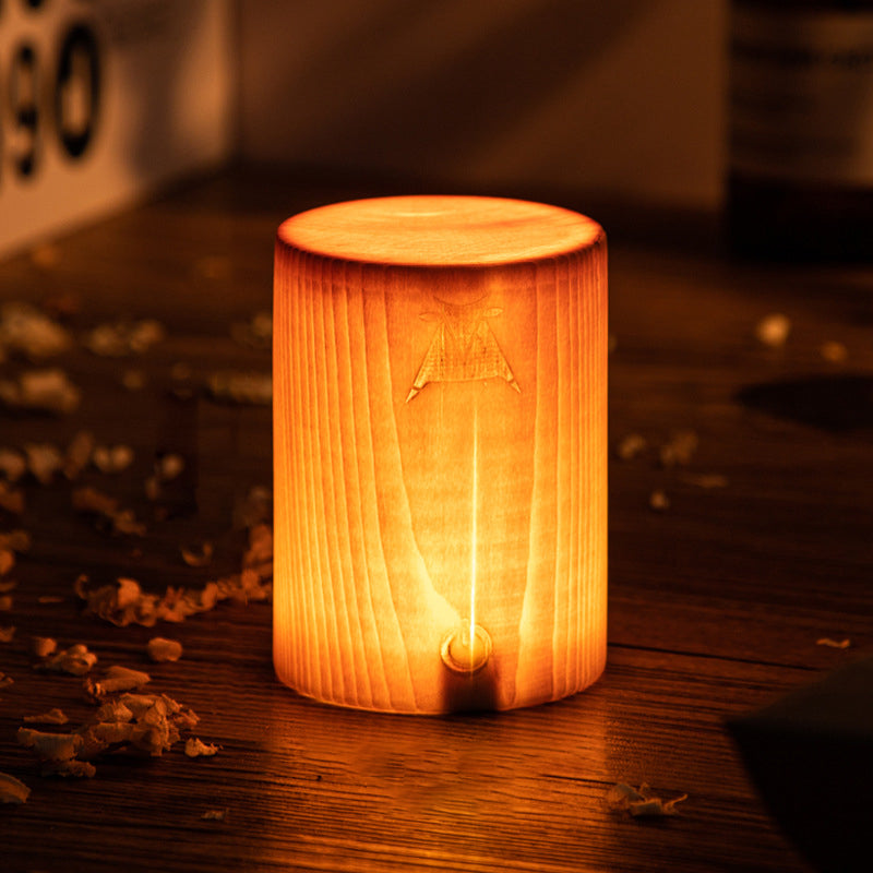 Wood LED Table Lamp, Rechargeable Touch-Control Bedside Light — Cylindrical, 2.3''x3.1''