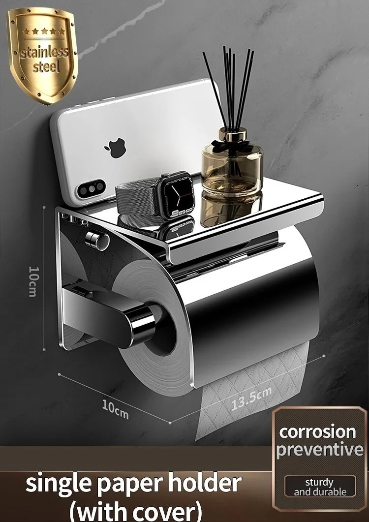 Stainless Steel Toilet Paper Holder with Shelf and Cover - product view 2