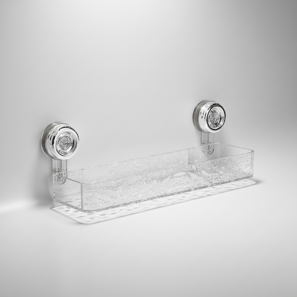 Suction Cup Bathroom Wall Organizer, Clear Storage Shelf - White, Rectangular, Low