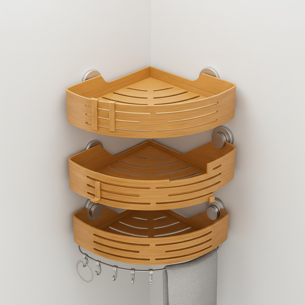 3-Tier Corner Shower Caddy, No-Drill Bathroom Organizer - Wood Effect