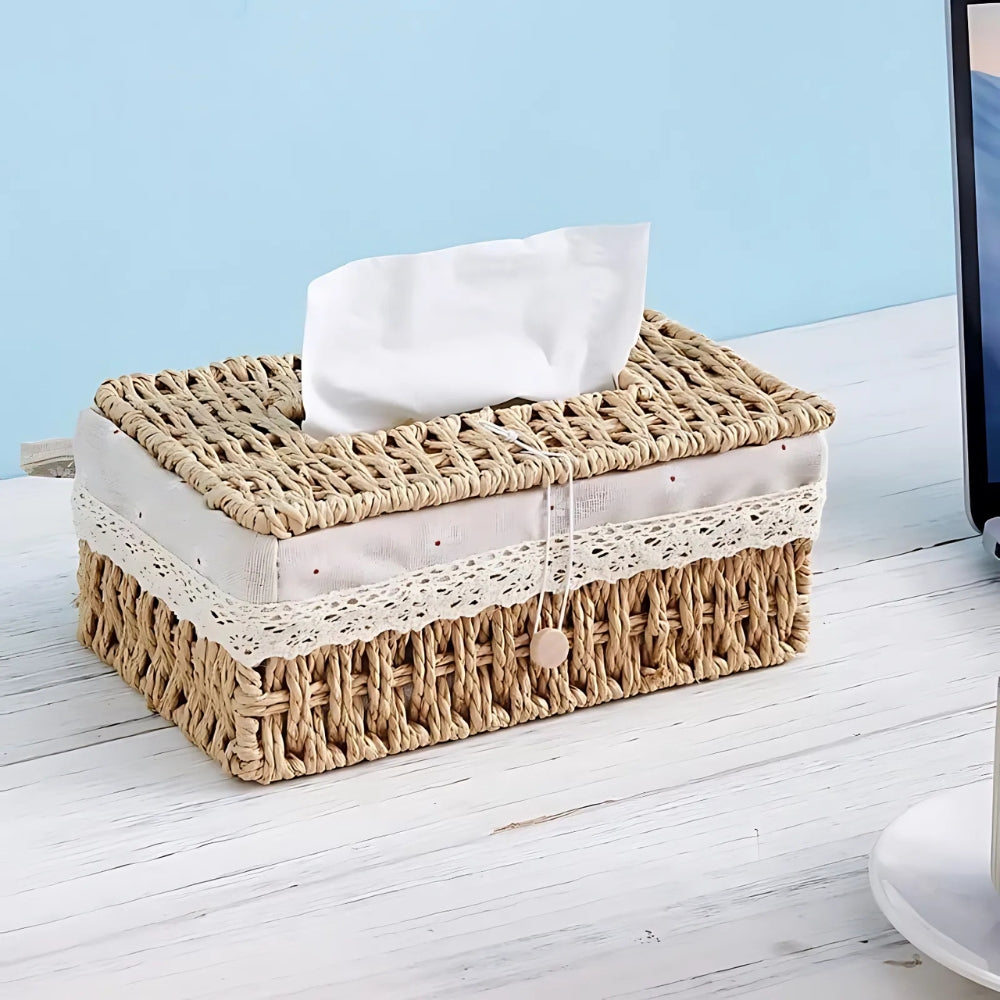 Braided Woven Tissue Box Cover, Paper Rope Holder with Lace Trim — product view 5