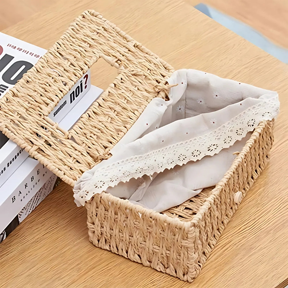 Braided Woven Tissue Box Cover, Paper Rope Holder with Lace Trim — product view 3