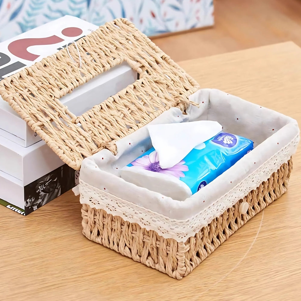 Braided Woven Tissue Box Cover, Paper Rope Holder with Lace Trim — product view 2