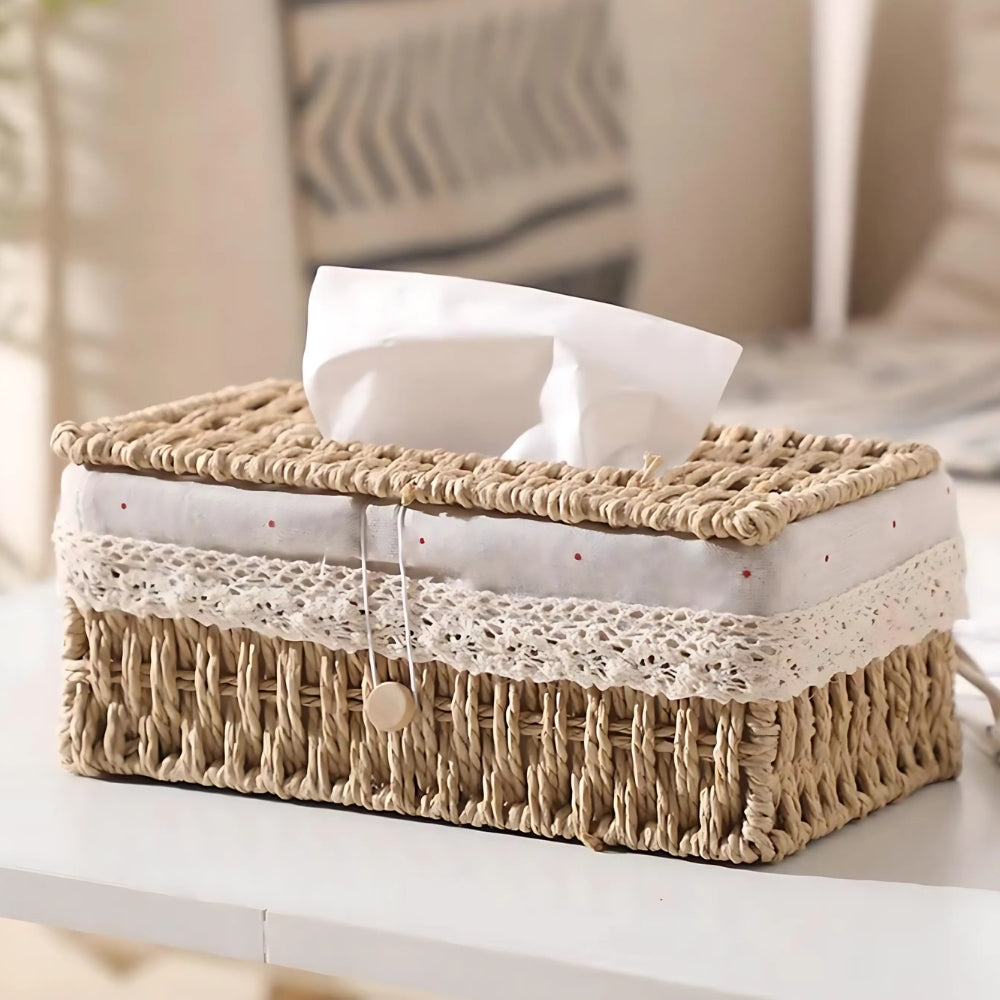 Braided Woven Tissue Box Cover, Paper Rope Holder with Lace Trim — product view 1