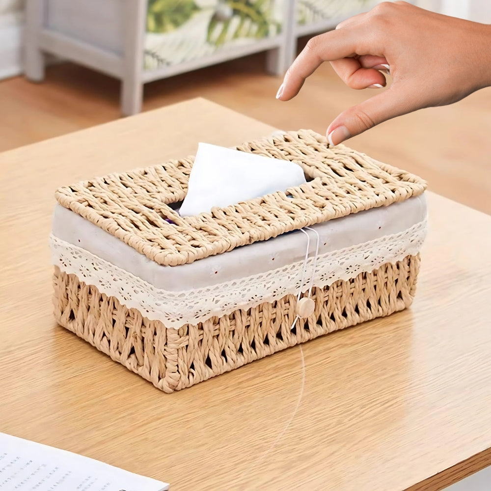 Braided Woven Tissue Box Cover, Paper Rope Holder with Lace Trim — product view 7