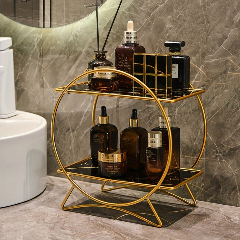 2-Tier Bathroom Countertop Organizer with Marble-Effect Shelves - product view 1