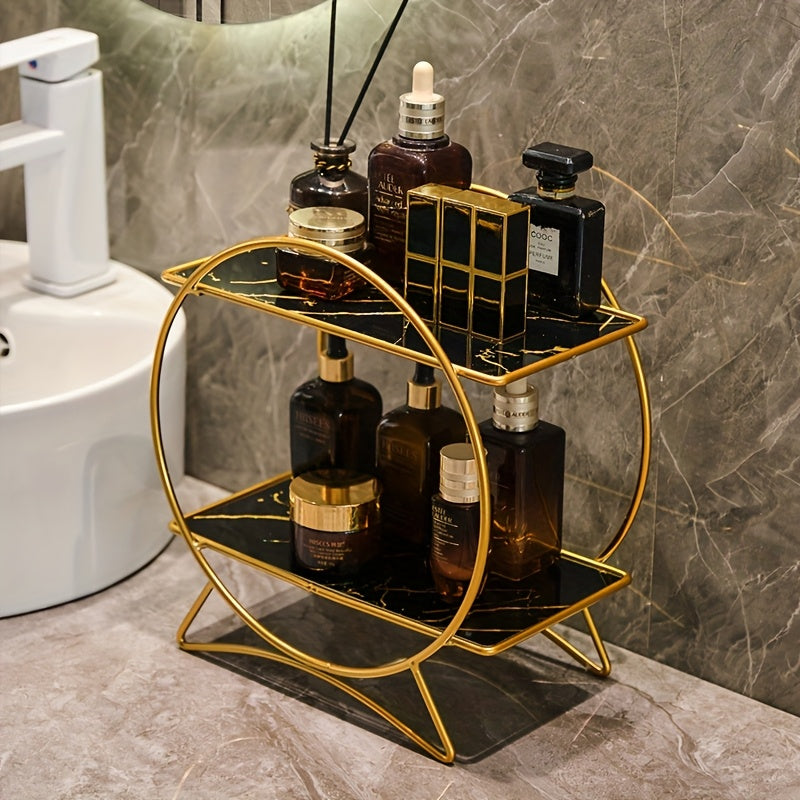2-Tier Bathroom Countertop Organizer with Marble-Effect Shelves - product view 2
