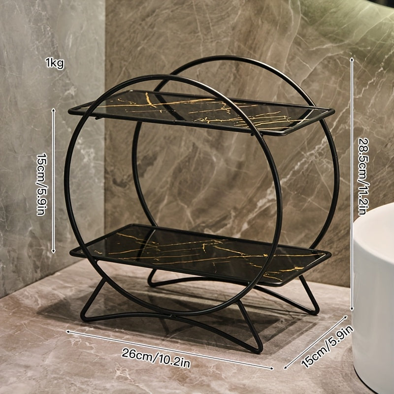 2-Tier Bathroom Countertop Organizer with Marble-Effect Shelves - Black & Black Marble