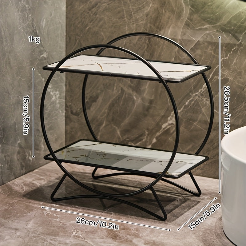 2-Tier Bathroom Countertop Organizer with Marble-Effect Shelves - Black & White