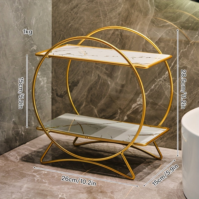 2-Tier Bathroom Countertop Organizer with Marble-Effect Shelves - Gold & White