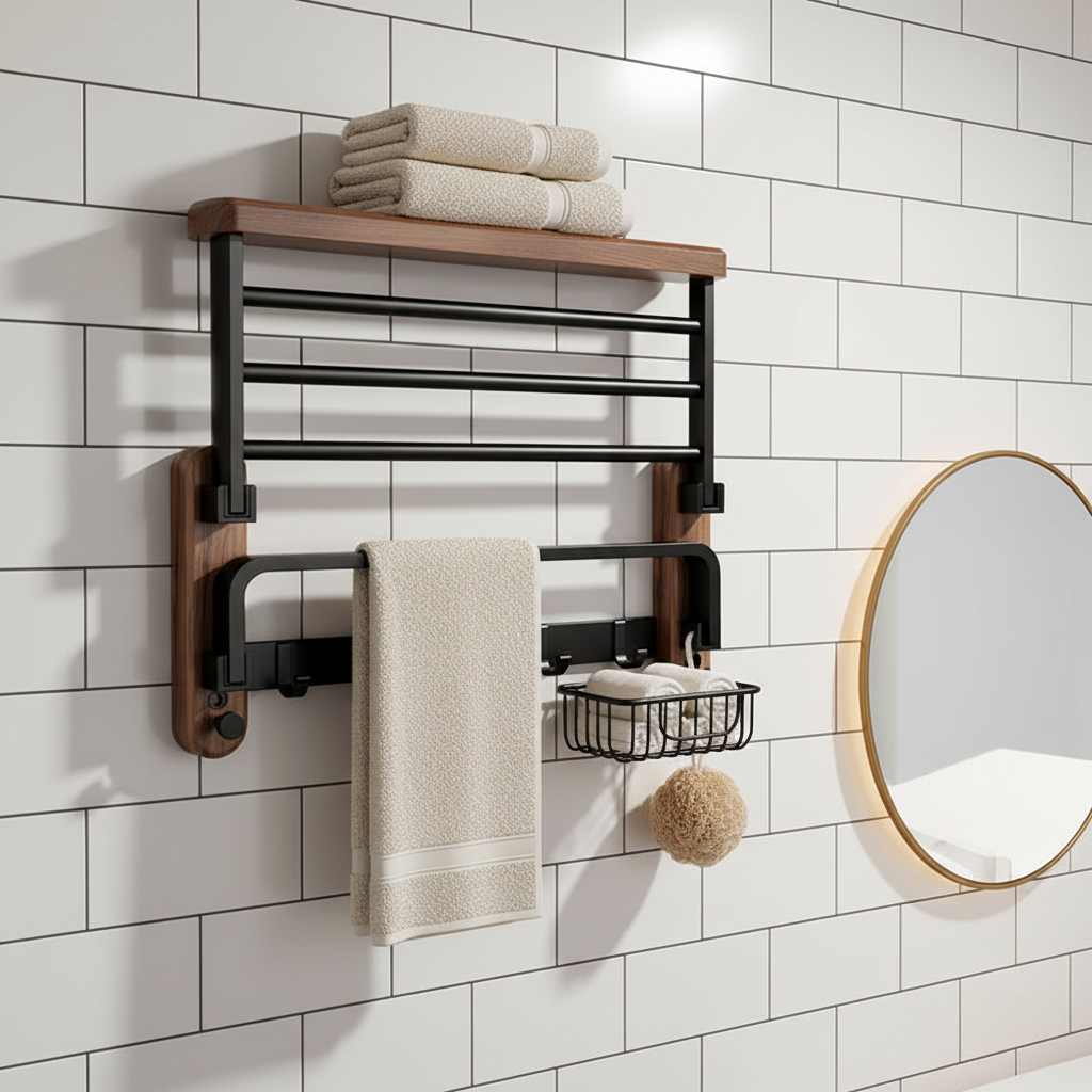 Walnut and Aluminum Bathroom Towel Rack with Storage Shelf - product view 1