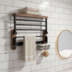 Walnut and Aluminum Bathroom Towel Rack with Storage Shelf - product view 1