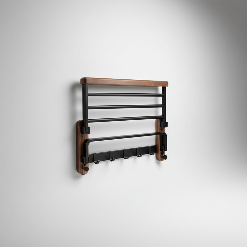 Walnut and Aluminum Bathroom Towel Rack with Storage Shelf - product view 2
