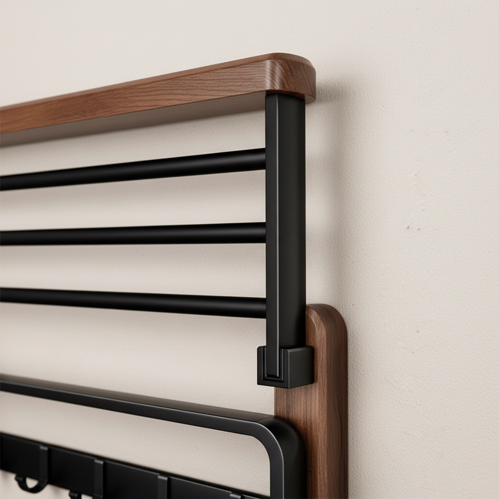 Walnut and Aluminum Bathroom Towel Rack with Storage Shelf - product view 3