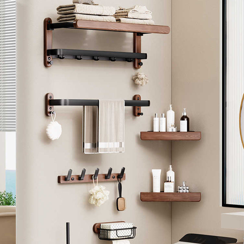 Walnut and Aluminum Bathroom Towel Rack with Storage Shelf - product view 5