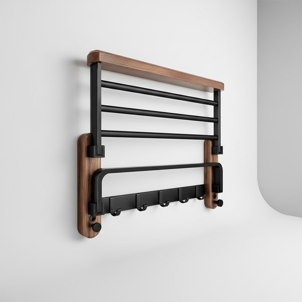 Walnut and Aluminum Bathroom Towel Rack with Storage Shelf - 19.7 in