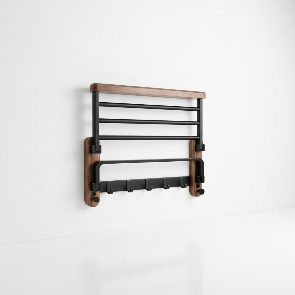 Walnut and Aluminum Bathroom Towel Rack with Storage Shelf - 23.6 in