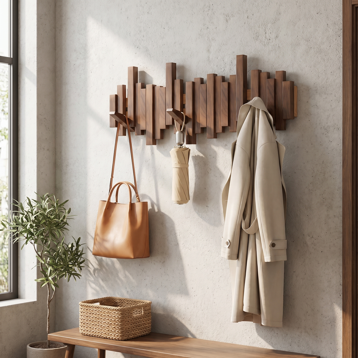 Wooden Wall Coat Rack with Magnetic Folding Hooks — Walnut